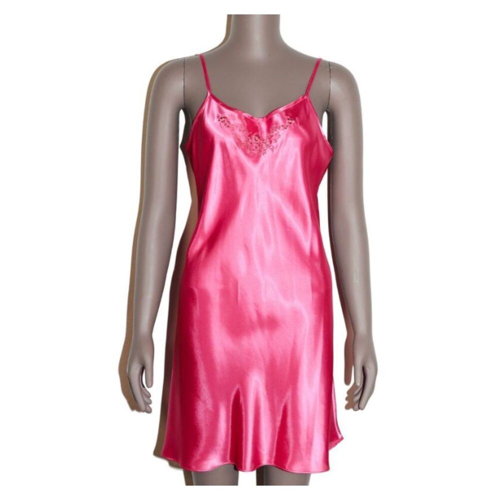 Pink Satin Robe Slip Set Lace Trim Chemise Bridal Lingerie Womens Size M